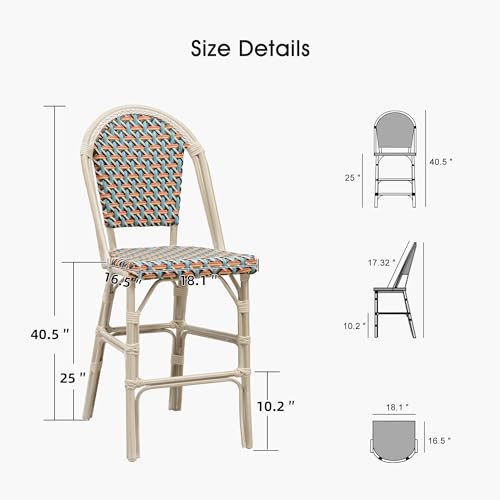 PURPLE LEAF French Counter Height Bar Stool Set of 2 25 White Print Finish Patio Bar Chairs with Back Rattan Bar Chairs French Bistro Set for Kitchen Outdoor Counter Stool Colorful