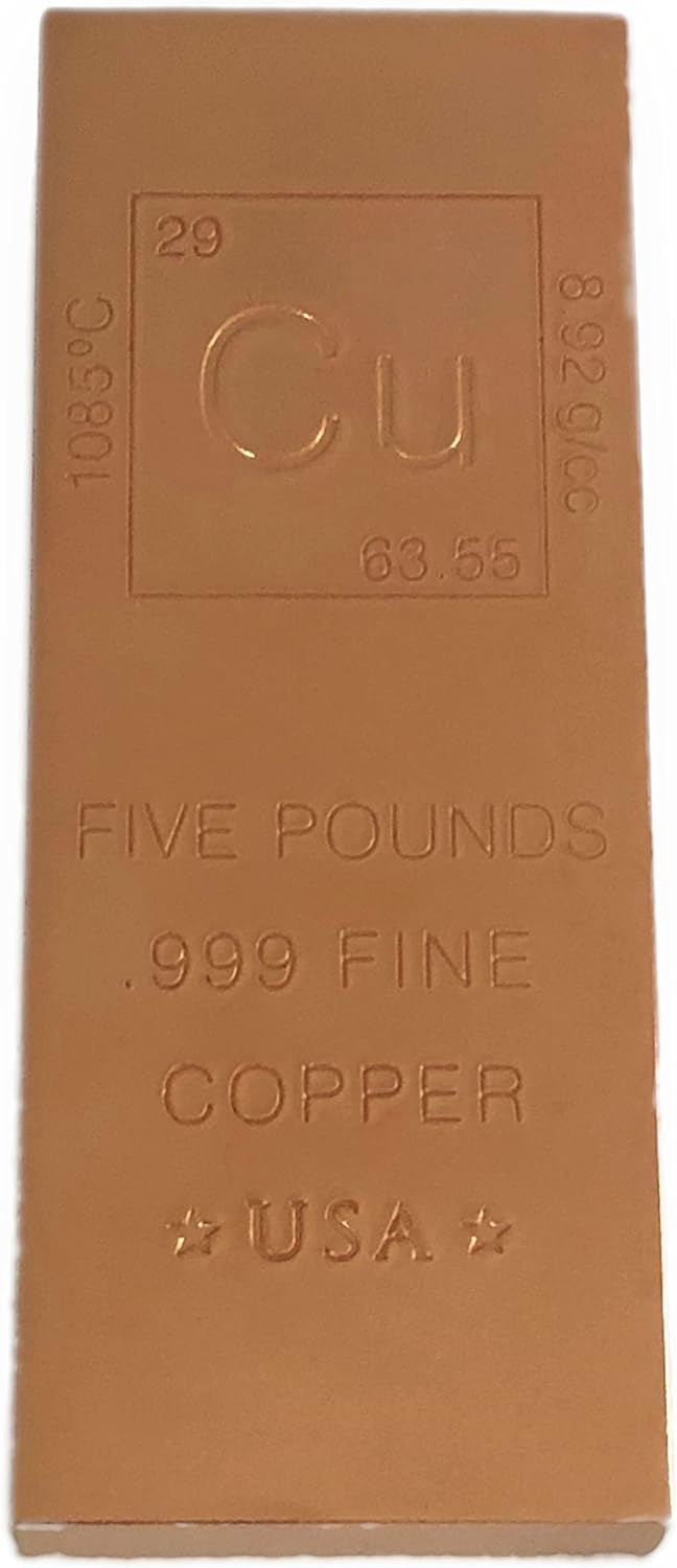 Unique Metals 5 Pound Copper Bar Bullion with Element Design - .999 Pure