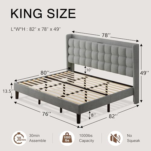 Queen Bed Frame, Upholstered Platform Bed with Charging Station, Modern Wingback Storage Headboard, Solid Wood Slats Support, No Box Spring Needed, Dark Gray