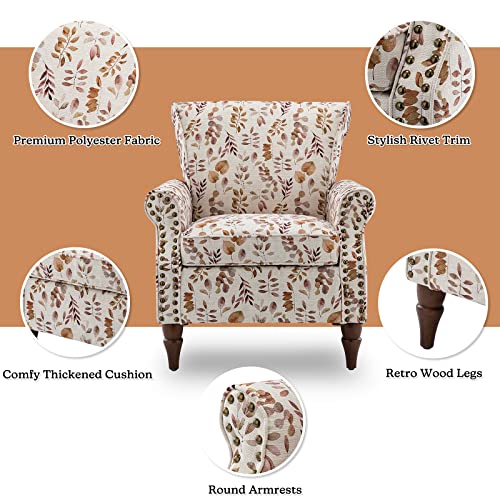 HULALA HOME Modern Wingback Accent Chair with Wood Legs & Removable Cushion, Comfy Upholstered Armchair with Nailhead Trim, Floral Pattern Single Sofa Chair for Living Room Bedroom, Blue