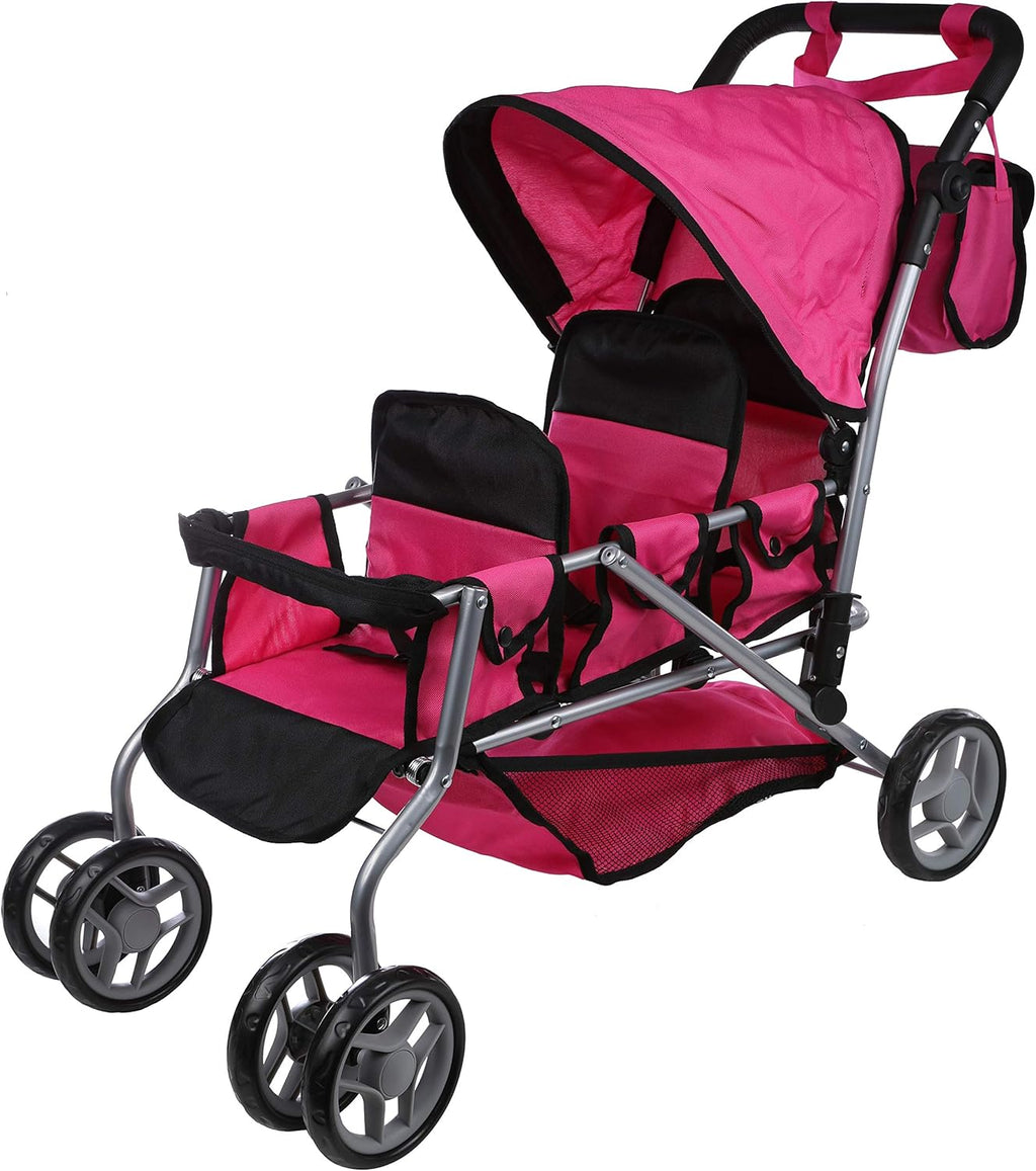 Mommy & Me Triplet Doll Pram Back to Back with Swiveling Wheels & Free Carriage Bag - 9668A