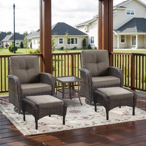 Patio Wicker Chairs Swivel Rocker - Outdoor Swivel Rocking Chairs Set of 2 with Rattan Side Table, Patio Swivel Glider Chair 3 Piece Patio Furniture Sets for Deck Porch Pool Brown/Blue