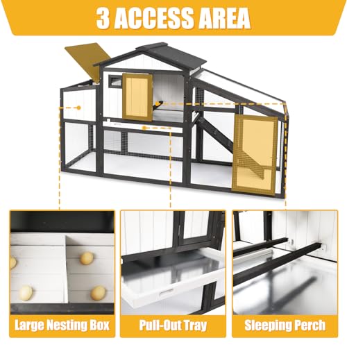 Chicken Coop and Run, Two Story Rabbit Hutch Indoor Outdoor, Wooden Hen House with Nesting Box Rabbit Cage, Ramp, Deep No Leak Pull Out Tray, for Chick, Bunny(Black)