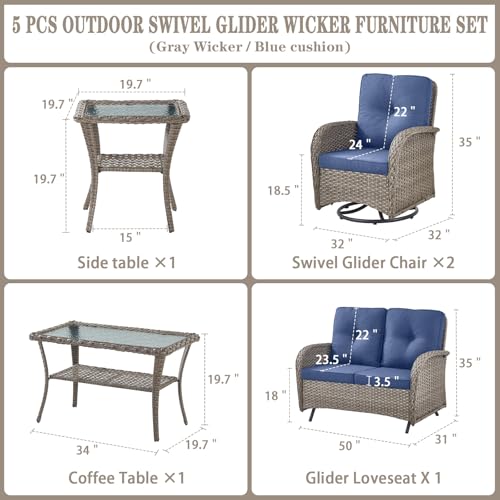 Patio Wicker Chairs Swivel Rocker - Outdoor Swivel Rocking Chairs Set of 2 with Rattan Side Table, Patio Swivel Glider Chair 3 Piece Patio Furniture Sets for Deck Porch Pool Brown/Blue