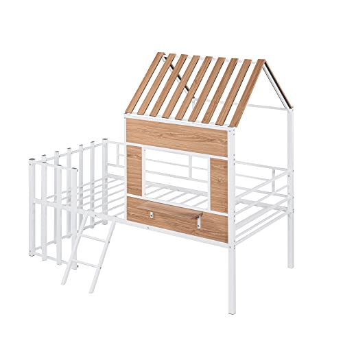 Harper & Bright Designs Kids House Beds Low Loft Bed Frame with Roof, Window, Guardrail and Ladder, Metal Twin Size Loft Bed for Kids Teens Girls Boys (Twin, White)