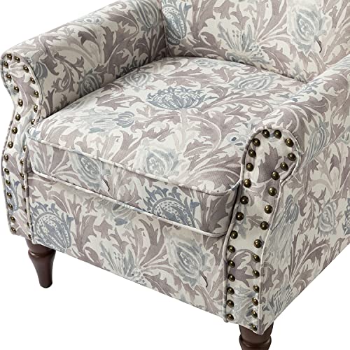 HULALA HOME Modern Wingback Accent Chair with Wood Legs & Removable Cushion, Comfy Upholstered Armchair with Nailhead Trim, Floral Pattern Single Sofa Chair for Living Room Bedroom, Blue