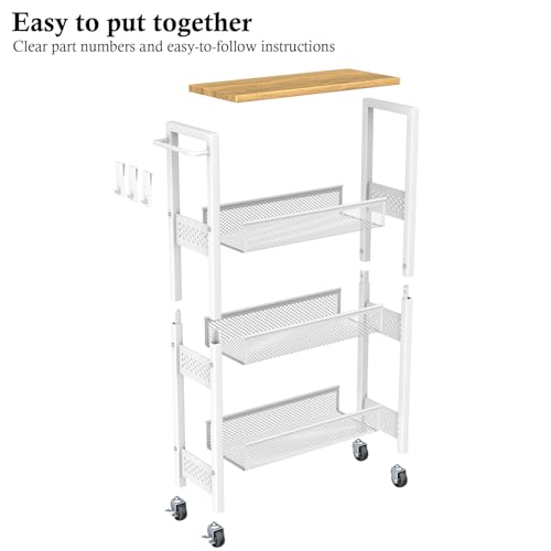 Utility Slim Storage Cart, 4 Tier Small Rolling Kitchen Laundry Room Cart with Wood Top, Metal Narrow Bathroom Storage Cabinet Mobile Shelf Unit Organizer Trolley with Handle for Narrow Space