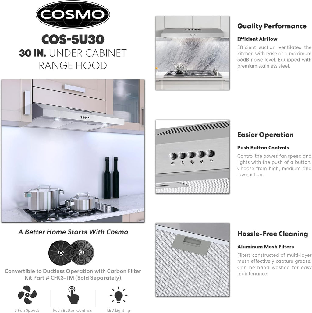 Cosmo 5U30 30 in. Under Cabinet Range Hood with Ducted / Ductless Convertible Slim Kitchen Over Stove Vent, 3 Speed Exhaust Fan, Reusable Filter, LED Lights in Stainless Steel