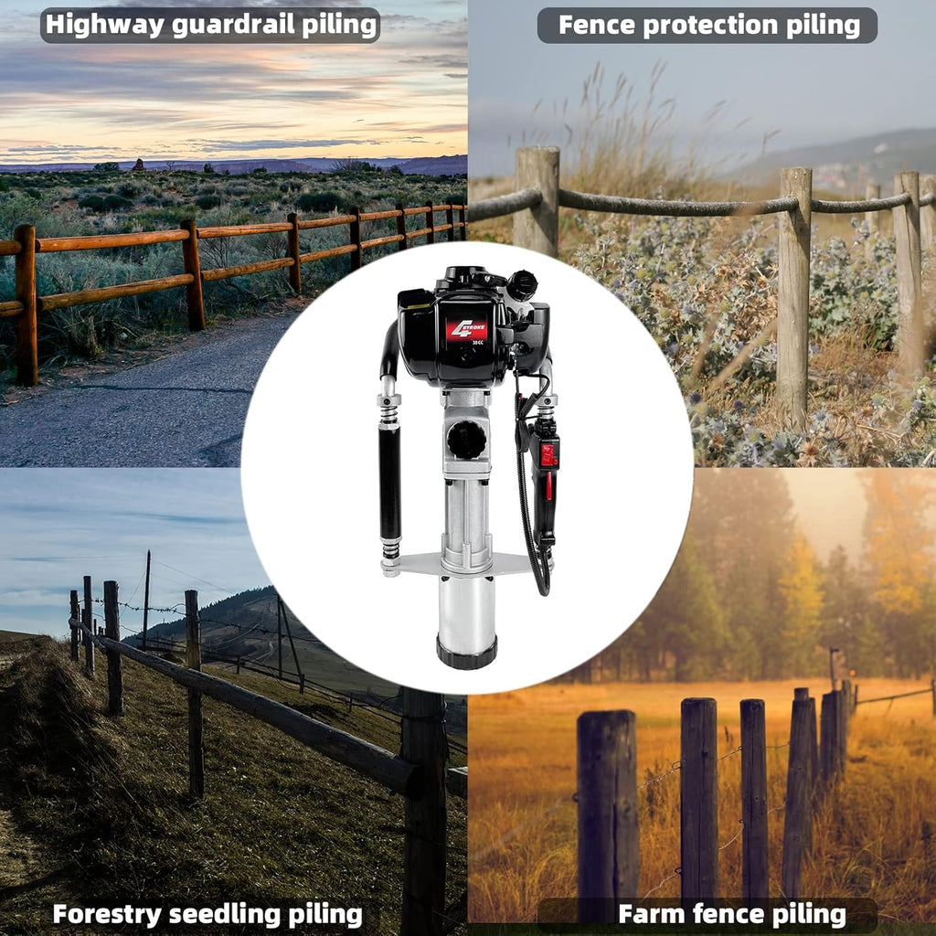 Gas Powered 4-Stroke T Post Driver Hammer Drills, 37.7CC Gasoline Engine Pile Driver, Air Cooling Single Cylinder Gasoline Petrol Garden Fencing Tool Machine with 2 Post Driving Head