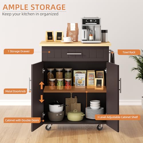 Shintenchi Kitchen Island Cart with Storage,Rolling Side Table on Wheels with Large Worktop, Cabinet,Towel Rack and Drawers for Kitchen,Dinning Room, White
