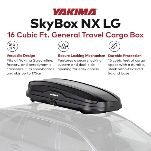 Yakima Roof Cargo Carrier, Vehicle Rooftop Hard Shell Travel Storage Box with SKS Lock, SkyBox NX XL, 18 Cubic Feet, Black