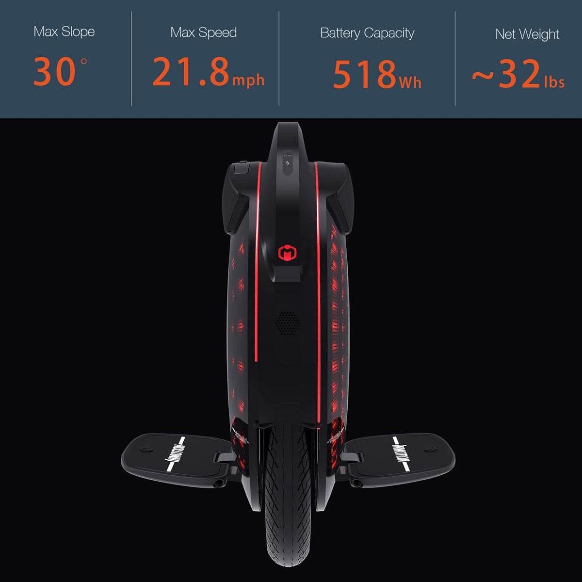 InMotion V8F Electric Unicycle 16 Inch Wheel 21.8 mph 35 Miles Mileage Self-Balancing Electric Scooter for Adults, Colorful Atmosphere Lamp, Built-in Speaker (US Plug)