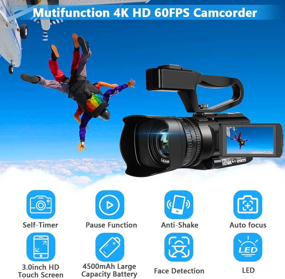 Video Camera 4K HD Auto Focus Camcorder 48MP 60FPS 30X Digital Zoom Camera for YouTube LED Function 4500mAh Battery with Handheld Stabilizer, Remote Control,Microphone and 64G SD Card