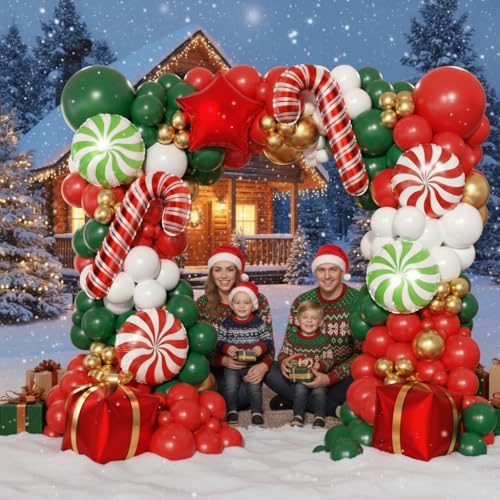 165Pcs Christmas Balloon Arch Garland Kit with Xmas Red White Green Gold Latex Balloons Gift Box Candy Cane Star Foil Balloons Arch Kit for Christmas New Year Party Birthday Party Decorations