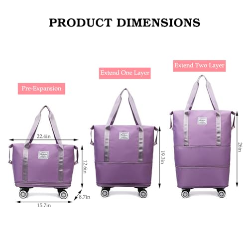 Rolling Duffle Bag with Wheels and Handle Foldable Travel Bag Expandable Carry on Bag with Detachable Casters Wheeled Weekender Bag for Women & Men - Purple