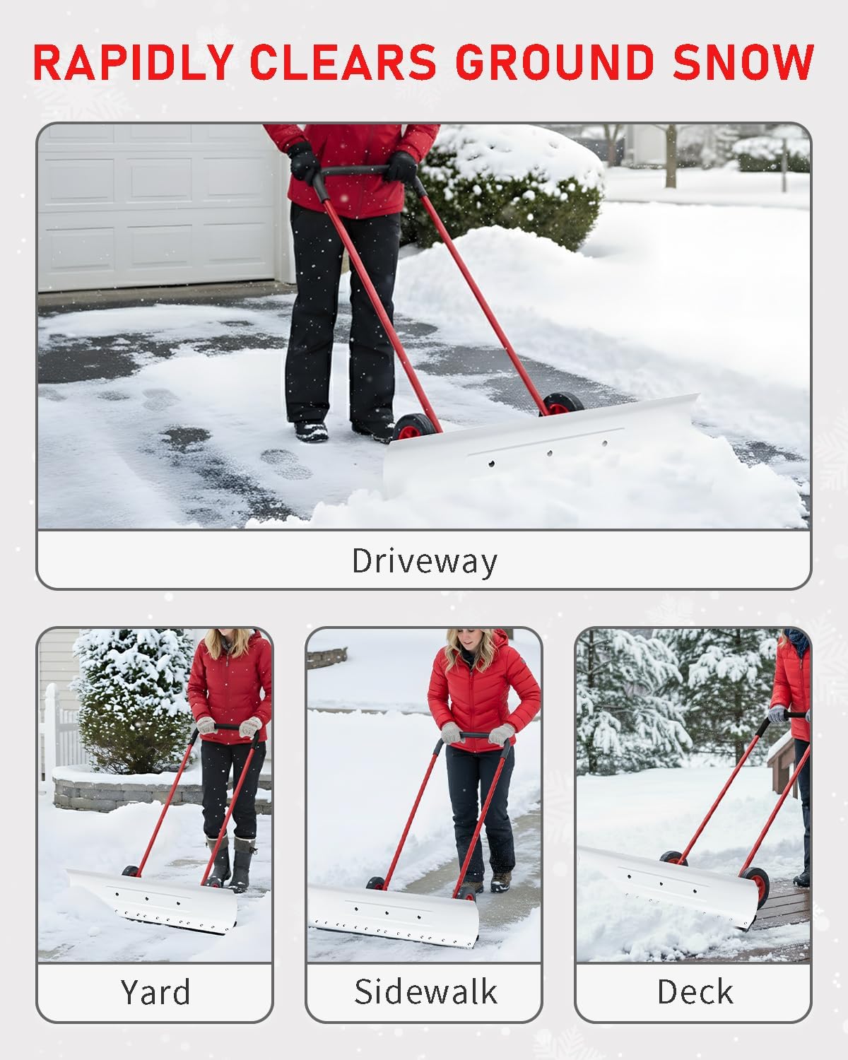 Outvita Snow Shovel with Wheels, 29 Wide 18 Long Snow Plow Shovel Angle & Height Adjustable Padded Handle Efficient Snow Clean Tool for Driveway or Pavement (Yellow)