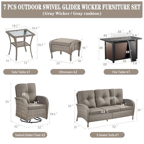 Patio Wicker Chairs Swivel Rocker - Outdoor Swivel Rocking Chairs Set of 2 with Rattan Side Table, Patio Swivel Glider Chair 3 Piece Patio Furniture Sets for Deck Porch Pool Brown/Blue