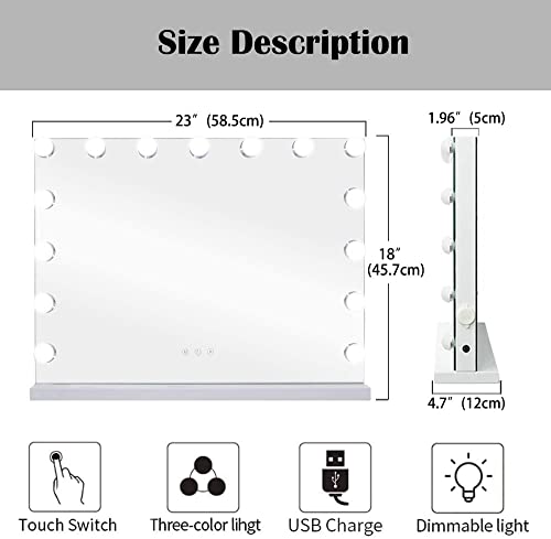 Zdorzi 31.5x 23.6 Vanity Mirror Makeup Mirror with Lights,Large Hollywood Lighted Vanity Mirror with 18 Dimmable LED Bulbs,3 Color Modes,Touch Control for Dressing Room & Bedroom,Wall-Mounted,White