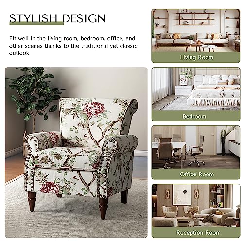 HULALA HOME Modern Wingback Accent Chair with Wood Legs & Removable Cushion, Comfy Upholstered Armchair with Nailhead Trim, Floral Pattern Single Sofa Chair for Living Room Bedroom, Blue