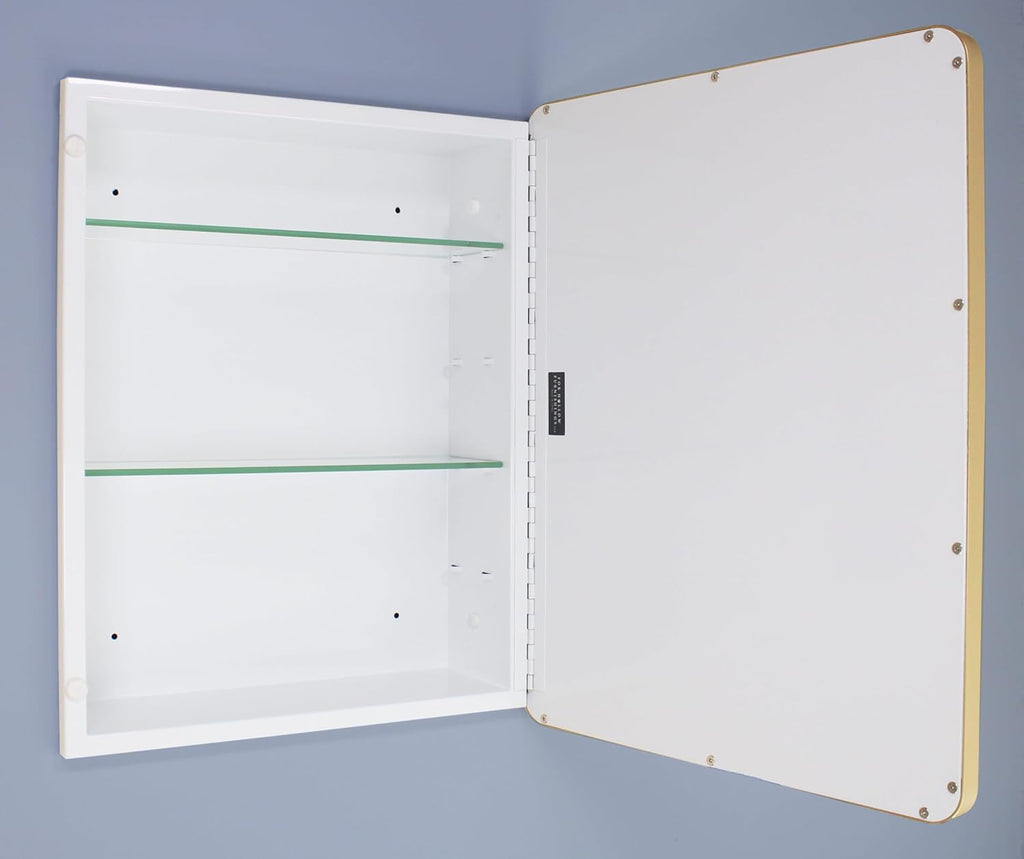 16x20 Austin Farmhouse Metal Framed Rounded Rectangle Recessed Bathroom Medicine Cabinet, Beveled Mirror, 14x18 in-Wall Opening, powder-coated Steel, Glass Shelves, Magnet Close, Brushed Nickel