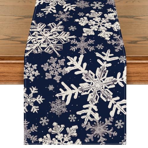 Artoid Mode Navy Blue Snowflakes Christmas Table Runner, Seasonal Winter Holiday Kitchen Dining Table Decoration for Home Party Decor 13x72 Inch