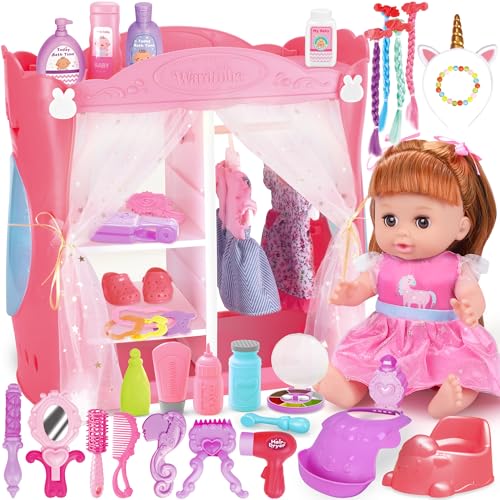 Baby Doll Toys Set, 14 Doll Toys, 25Pcs Dolls Care Toy Playset, Toddlers Toy Doll Set Incl Cradle Crib, High Chair, Milk Bottle, Pacifier, Diaper, Baby Gift for Age 3 4 5 6+ Years Old Girls Boys