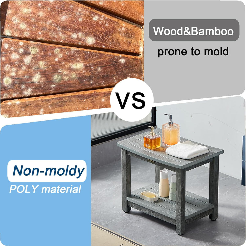 HDPS Shower Bench Seat, Poly Lumber Bathroom Stool for Inside Shower Waterproof, Foot Rest Stool for Shaving Legs with Adjustable Feet, Plastic Spa Bath Chair Seat for Bathroom, Non-Slip, Brown