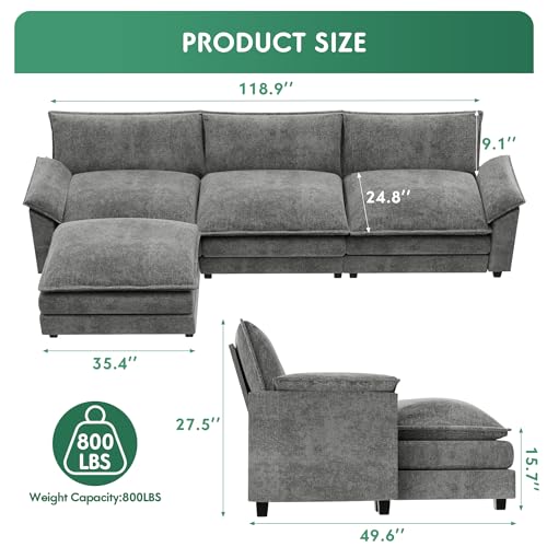 YESHOMY Sectional Modular Sofa U Shaped Chenille Fabric Couch with High Supportive & Soft Sponges and Removable Ottoman, Sleeper Comfy Upholstered Furniture for Living Room, Grey