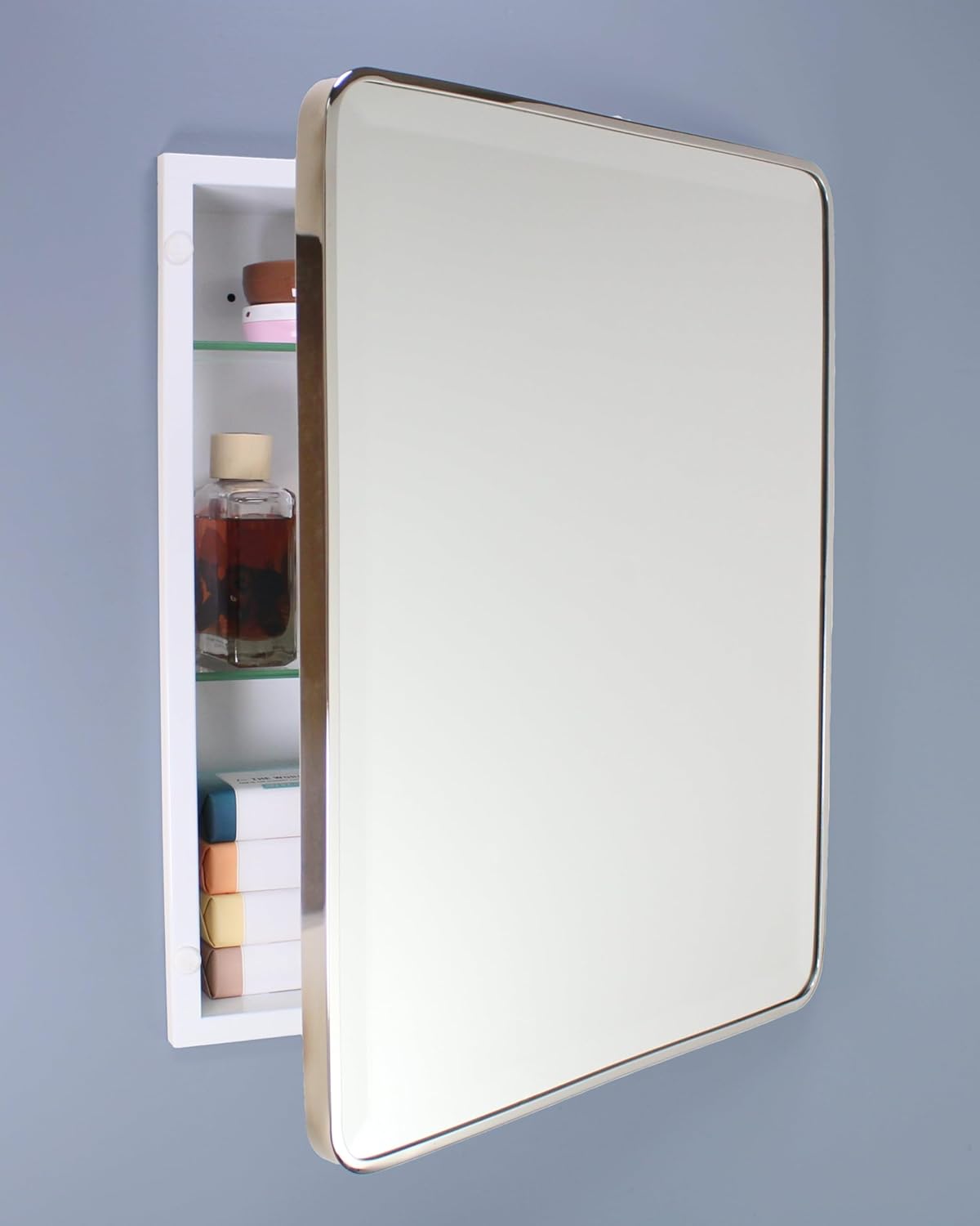 16x20 Austin Farmhouse Metal Framed Rounded Rectangle Recessed Bathroom Medicine Cabinet, Beveled Mirror, 14x18 in-Wall Opening, powder-coated Steel, Glass Shelves, Magnet Close, Brushed Nickel