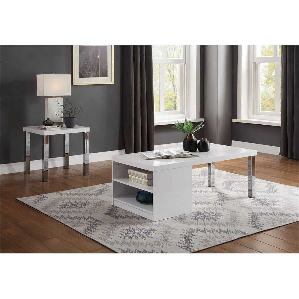 Bowery Hill Contemporary End Table in White High Gloss & Chrome