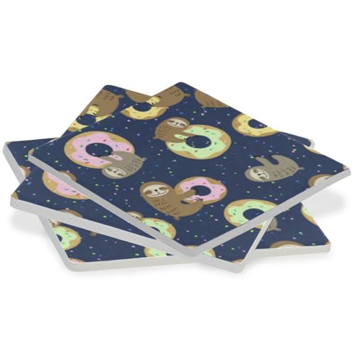 Donut Sloth Square Coasters for Drinks 4 Packs, Absorbent Heat-Resistant Ceramic Stone Coaster Desktop Protector with Cork Base for Kitchen Bar Home Decor, 3.9 Inch