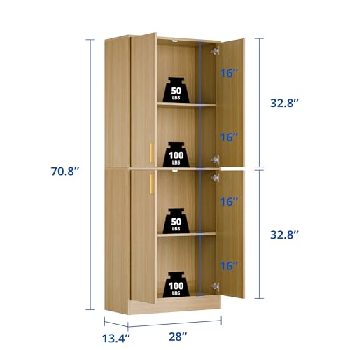 Cozy Castle Kitchen Pantry Cabinet, 71 Tall Wood Storage Cabinet with Doors and Shelves 4 Doors Freestanding Cupboard Utility Hutch for Dining Room Living Room Bathroom Furniture, Gray