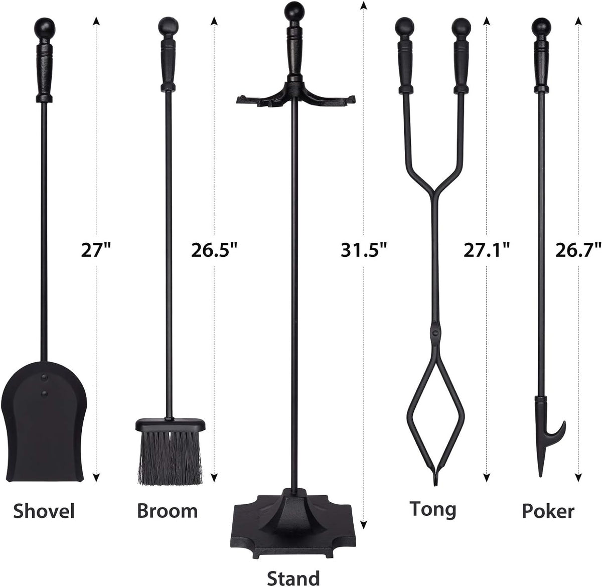 Parts & Accessories 5-Piece Fireplace Tools Set, 32 Inch Wrought Iron Fireplace Accessories Includes Fire Poker, Shovel, Brush, Tong, and Stand, Easy to Assemble