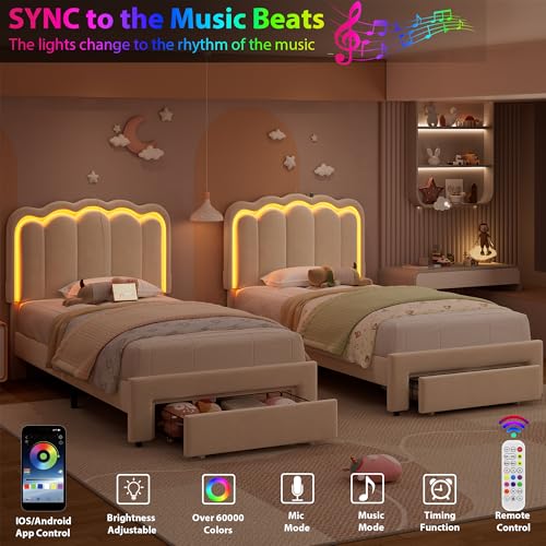 Twin Upholstered LED Bed Frame with Storage Drawer and Adjustable Chic Double Wavy Headboard, Velvet Princess Platform Bed for Kids/Girls, Solid Wood Slats Support, No Box Spring Needed, Beige