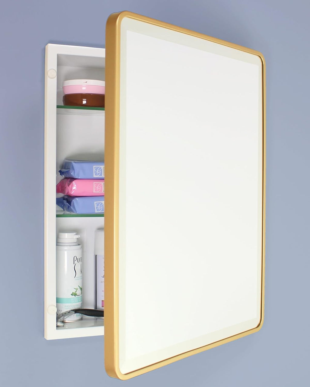 16x20 Austin Farmhouse Metal Framed Rounded Rectangle Recessed Bathroom Medicine Cabinet, Beveled Mirror, 14x18 in-Wall Opening, powder-coated Steel, Glass Shelves, Magnet Close, Brushed Nickel