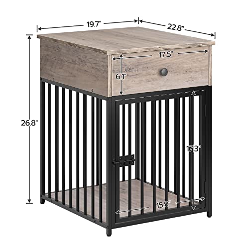 HOOBRO Dog Crate Furniture, Wooden Dog House, Decorative Dog Kennel with Drawer, Indoor Pet Crate End Table for Small Dog, Steel-Tube Puppy Cage, Chew-Proof, Greige BG01GW03