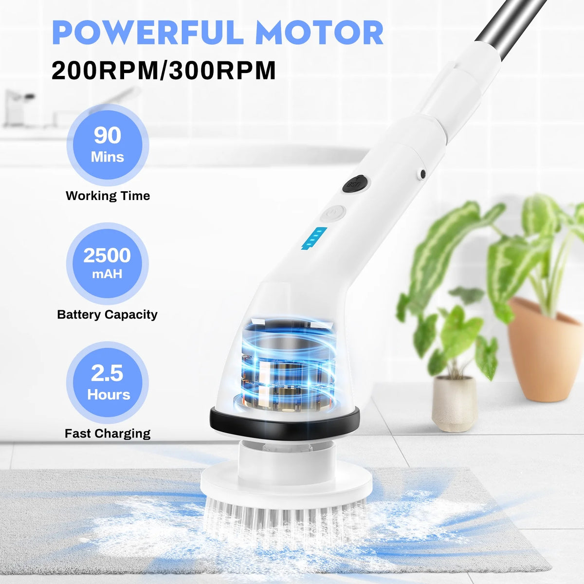 VAVSEA Electric Spin Scrubber,Cleaning Brush for Bathroom,1.5H 300RPM Shower Scrubber Kit for Floor Tile Bathtub,51 inch