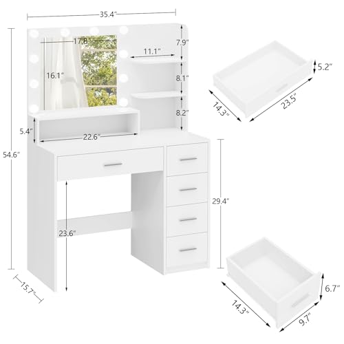 Makeup Vanity Desk with Mirror, 10 Lights, 5 Drawers, 3 Storage Shelves, 3 Color Modes & Adjustable Brightness Dressing Table, 35.4?? Desk, Black