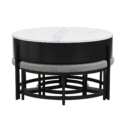 Linique Modern Round Lift-Top Coffee Table with Storage and 3 Ottoman, White + Black