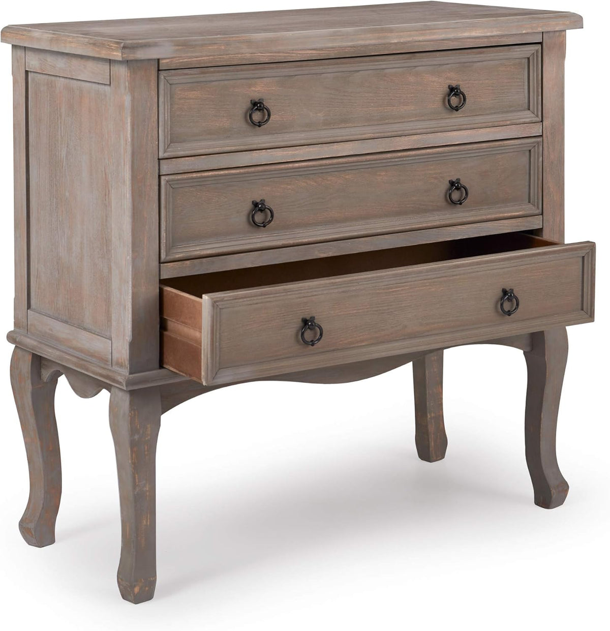 ClickDecor Thomas Antique Country Style Dresser Chest with 3 Drawers, Weathered Wood Nightstand Living Room Accent Furniture, Black Ring Handle, Curved Legs, Gray