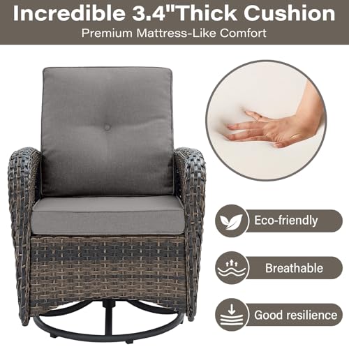 Patio Wicker Chairs Swivel Rocker - Outdoor Swivel Rocking Chairs Set of 2 with Rattan Side Table, Patio Swivel Glider Chair 3 Piece Patio Furniture Sets for Deck Porch Pool Brown/Blue
