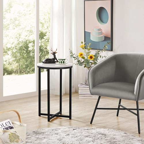Yaheetech Faux Marble Side Table, 16in End Table Modern Accent Sofa Table w/X-Based, Round Tabletop, Sturdy Metal Legs for Living Room, Black
