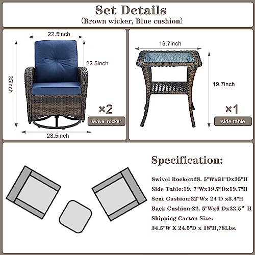 Patio Wicker Chairs Swivel Rocker - Outdoor Swivel Rocking Chairs Set of 2 with Rattan Side Table, Patio Swivel Glider Chair 3 Piece Patio Furniture Sets for Deck Porch Pool Brown/Blue
