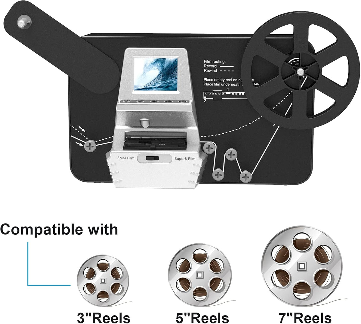 8mm & Super 8 Reels to Digital MovieMaker Film Sanner Converter, Pro Film Digitizer Machine with 2.4 LCD, Convert 5 inch and 8 inch 8mm Super 8 Film reels into 1080P Digital Videos