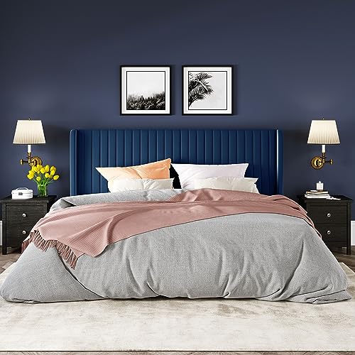 Allewie Queen Size Velvet Bed Frame/Vertical Channel Tufted Wingback Headboard/Upholstered Platform Bed/Strong Wooden Slats/No Box Spring Needed/Easy Assembly/Black