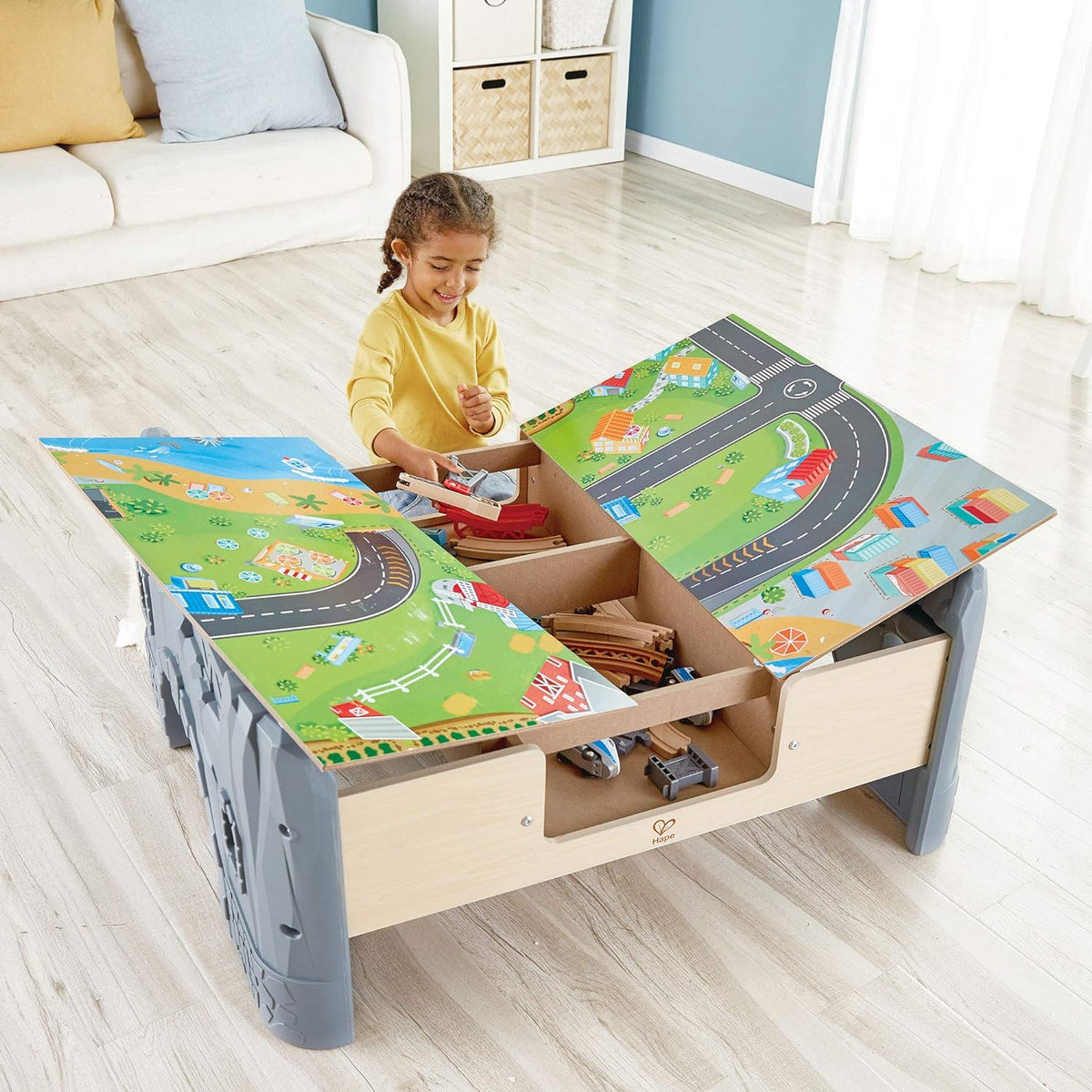 Hape E3766 70 Piece Railway Train Table and Set Toy with Battery Powered Locomotive with Removable Playmat Surface and Storage for Kids 3 Years and Up