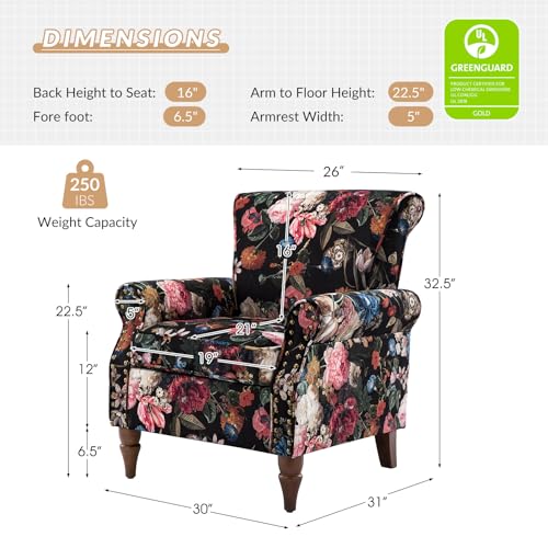 HULALA HOME Modern Wingback Accent Chair with Wood Legs & Removable Cushion, Comfy Upholstered Armchair with Nailhead Trim, Floral Pattern Single Sofa Chair for Living Room Bedroom, Blue