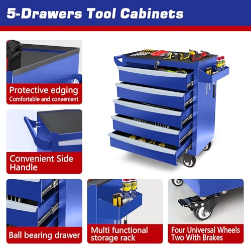 Rolling Tool Chest, Metal Tool Box with 5 Drawers, Lockable Garage Storage Cabinets Sliding Tool Drawer Cart on Wheels Toolbox Organization Workbench for Workshop Warehouse Repair Shop