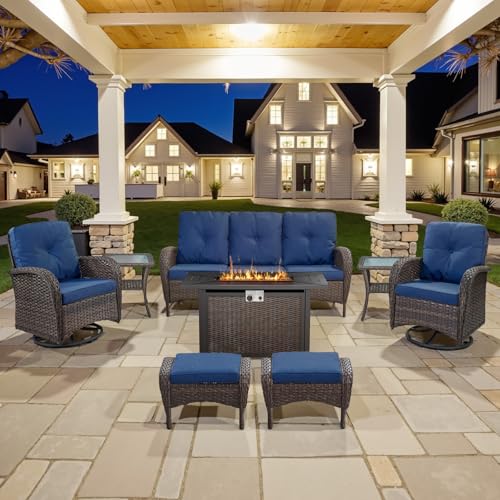 Patio Wicker Chairs Swivel Rocker - Outdoor Swivel Rocking Chairs Set of 2 with Rattan Side Table, Patio Swivel Glider Chair 3 Piece Patio Furniture Sets for Deck Porch Pool Brown/Blue