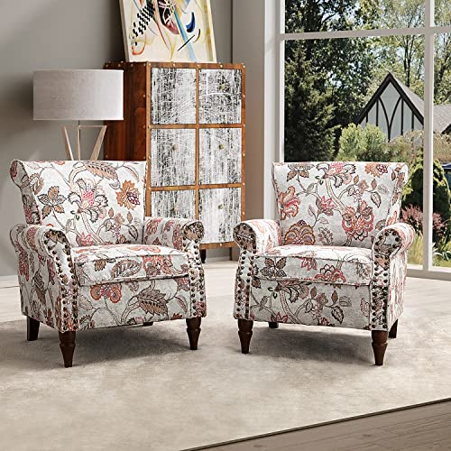 HULALA HOME Modern Wingback Accent Chair with Wood Legs & Removable Cushion, Comfy Upholstered Armchair with Nailhead Trim, Floral Pattern Single Sofa Chair for Living Room Bedroom, Blue